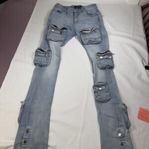Pheelings Journey To Greatness Cargo Flare Stack Denim Jeans Light Blue Men’s 32